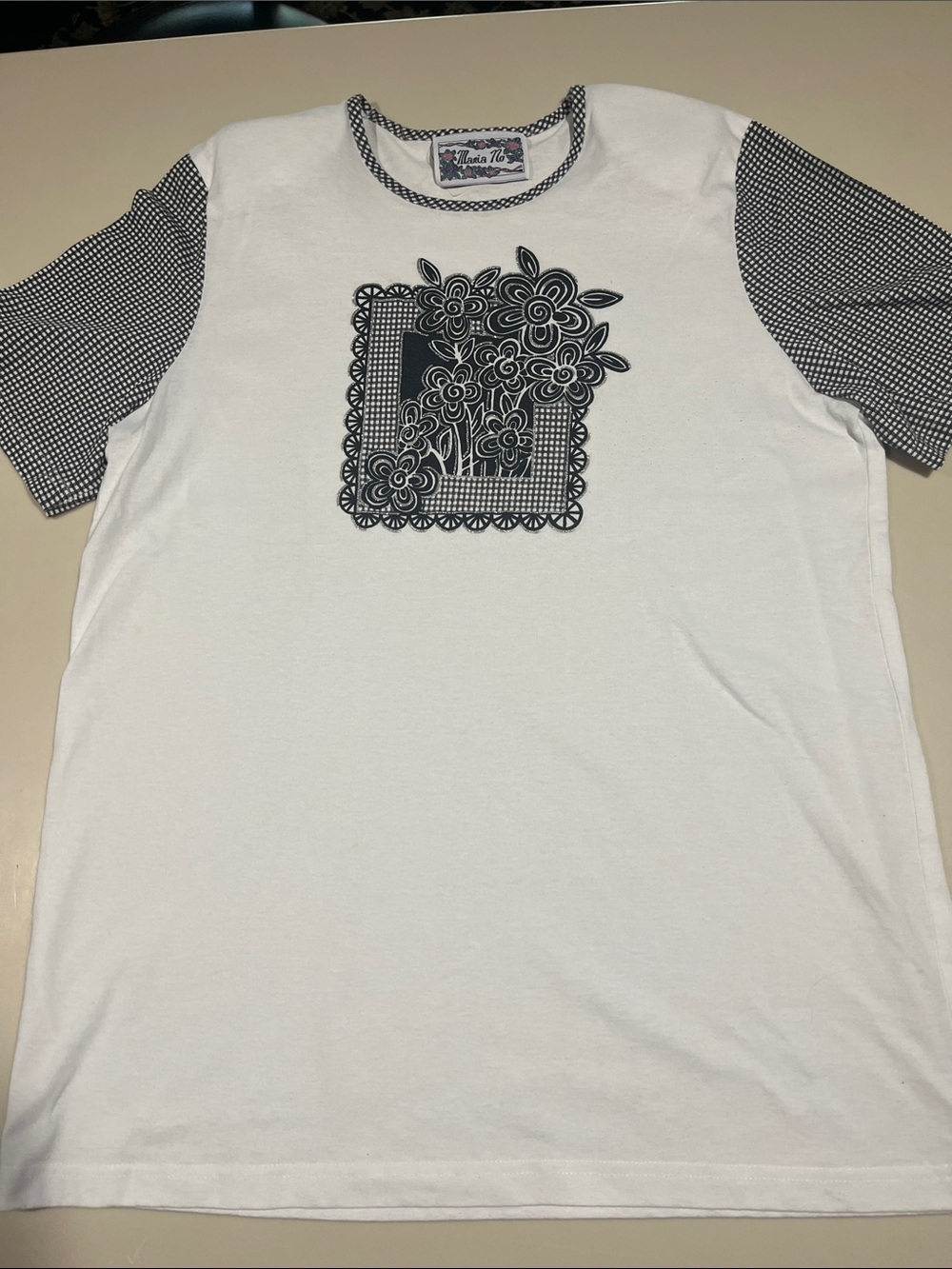 White Floral Graphic Crewneck Tee with Patterned Sleeves - Women Tops
